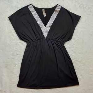 Miken Swim Black Silver Sequin Cover Up Deep V Neck Dress Size M